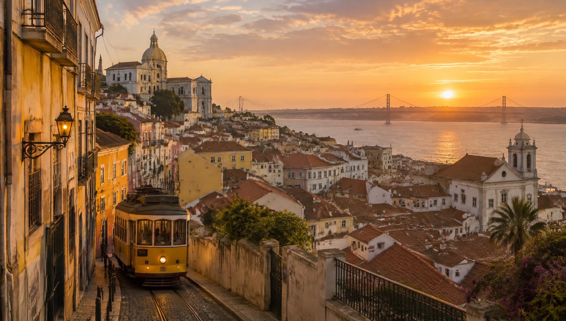 Lisbon rooftops and tram at golden hour